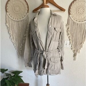 My weekend clothes tan tie waist lightweight linen utility jacket medium